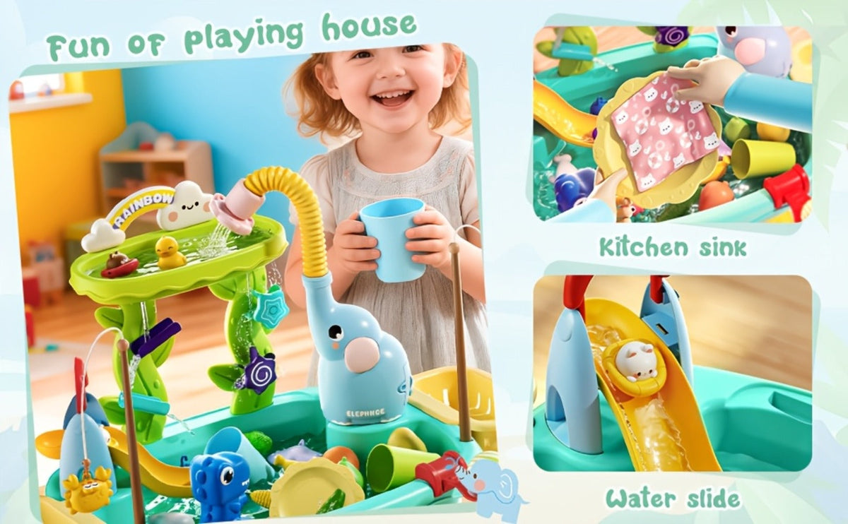Kids Water Table Toy with Electric Pump & Faucet, Play Food & Fishing Toy in Blue or Pink