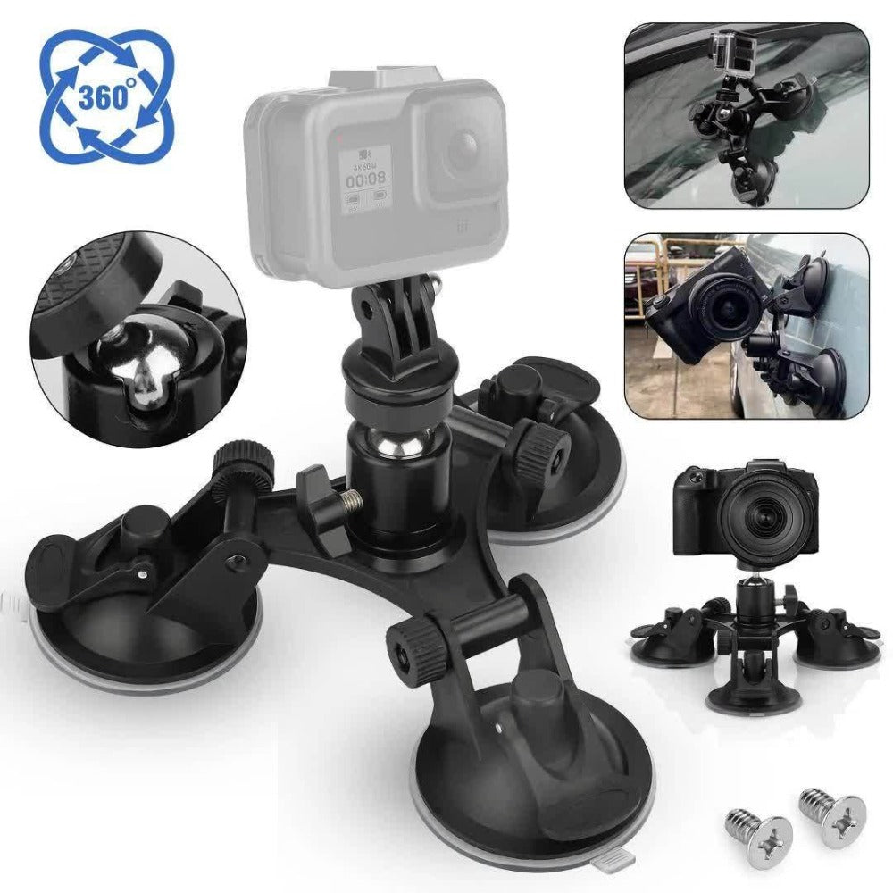 Suction Cup Camera Mount with 3 Bases – Universal 360° Ball Head Car Camera Holder for GoPro Hero 10 9 8 7, Action Cameras, DSLRs & Camcorders, Quick Release, ABS, Smooth Surface Secure Grip