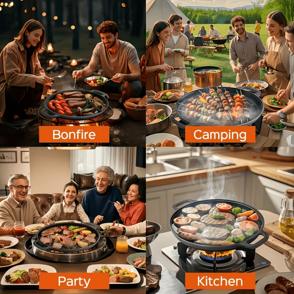 Cast Iron Skillet 11 Inch Pre-Seasoned Round Grill Pan with Dual Loop Handles – Even Heating for Oven, Stovetop, Campfire & Grill | Heavy-Duty Kitchen Cookware for Pizza, Steak & More