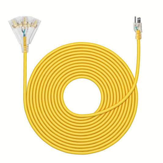 Extension Cord 25ft, 14/3 SJTW, 3-Outlet Tri-Tap with LED Lighted Plug, Yellow
