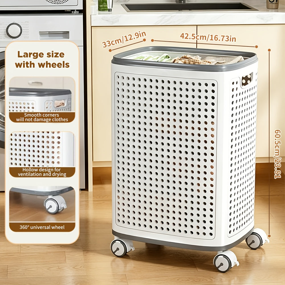 Wheeled Laundry Hamper Large Foldable with Dividers & Dust-Proof Lid – 360° Breathable Mesh Basket on Wheels, Reinforced Steel Base, Portable Clothes Organizer for Bedroom, Bathroom & Dorm