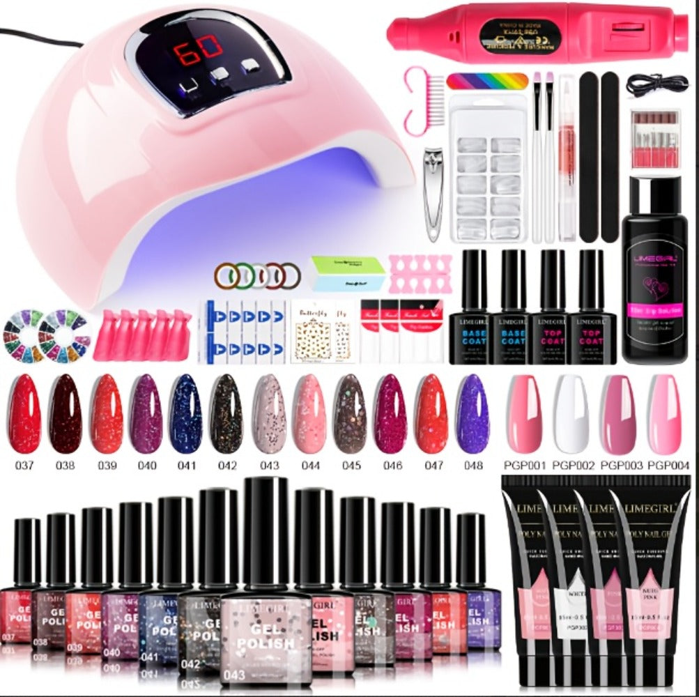 Gel Nail Polish Kit with UV Lamp & Electric Nail Drill - 12 Colors Gel Polish Set, Poly Extension Gel, Top & Base Coat, Glitter Nail Art Complete Starter Set for Home Salon, Beginner Gift