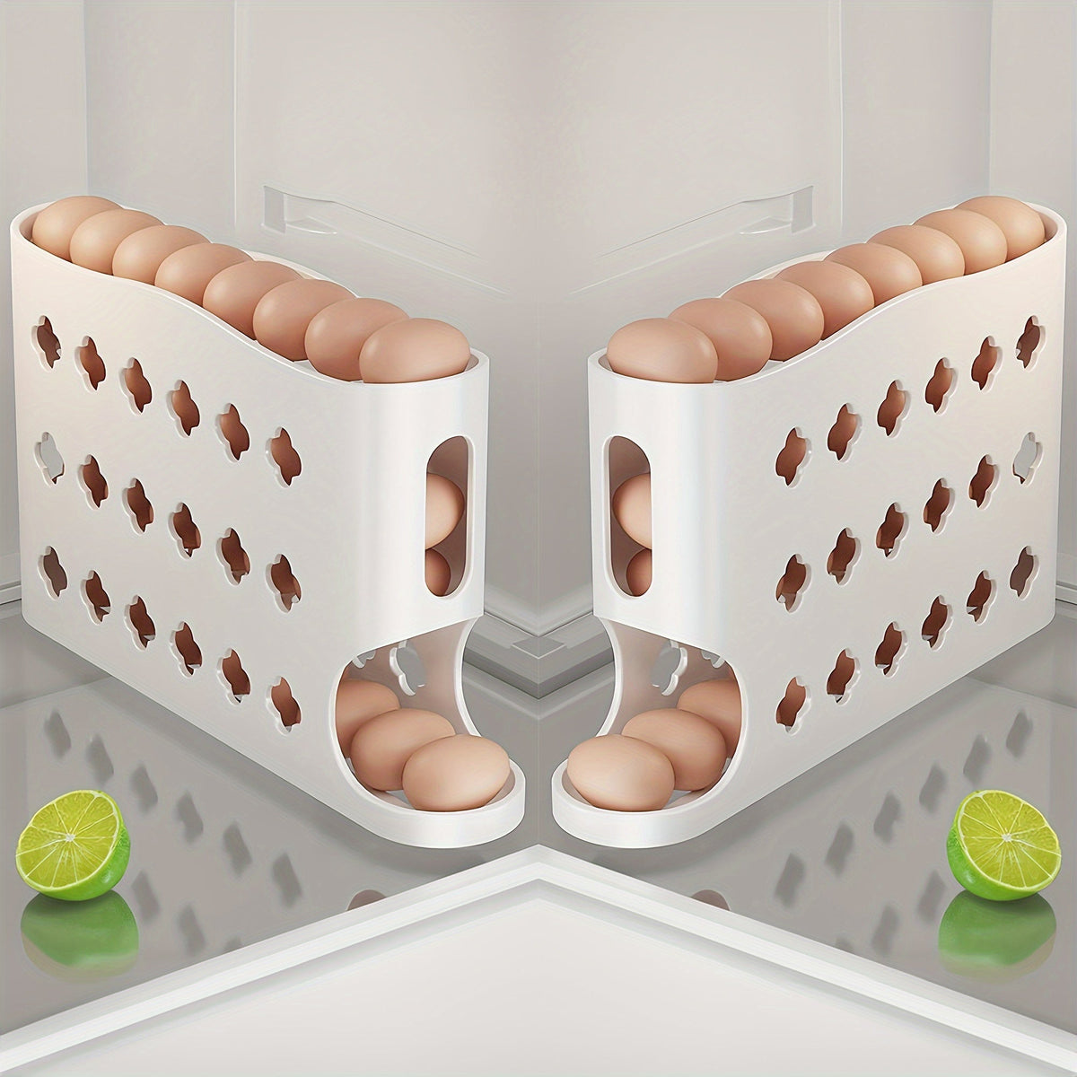 Egg Dispenser for Refrigerator, 4-Tier Automatic Rolling Egg Holder Rack – Space-Saving Egg Storage Organizer for Fridge, Kitchen Cabinet, Countertop and Table