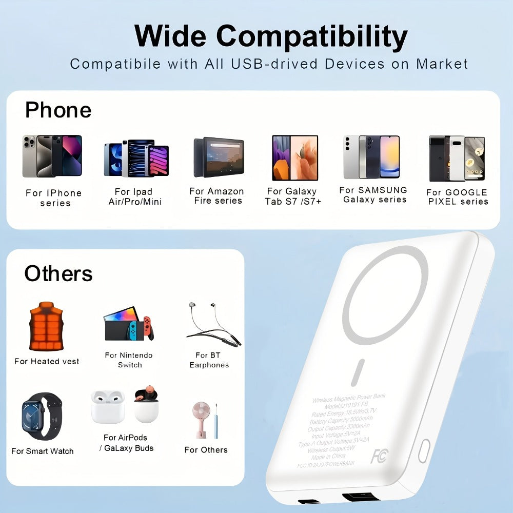 Magnetic Wireless Power Bank 5000mAh Dual Mode – 5W Wireless & 10W Wired Output, USB-C In/Out, Portable Mini Charger for iPhone 17 16 15 14 Android Samsung, Slim Pocket Travel Battery Pack