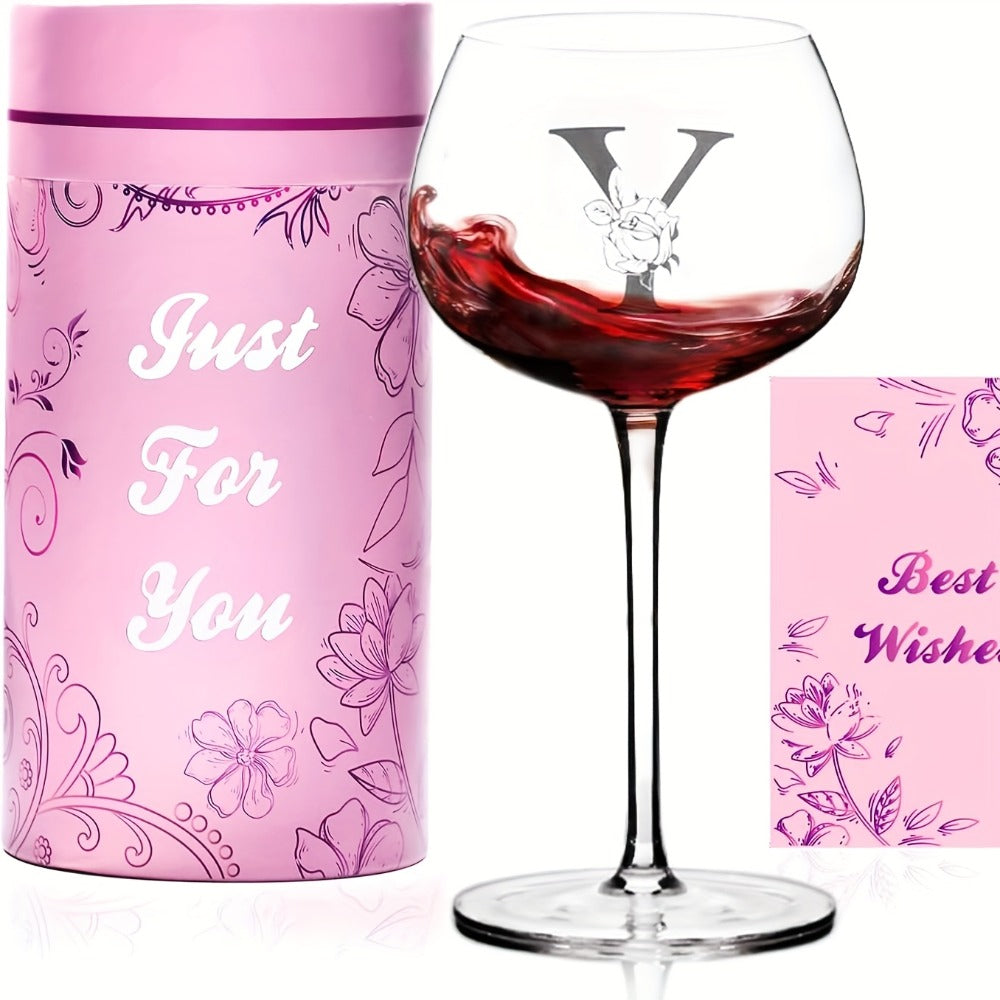 Personalized Wine Glass Gift for Women – A-Z Initial Letter Monogrammed Wine Glass with Gift Box & Greeting Card – Unique Birthday, Christmas & Mother's Day Gift for Mom, Best Friend & Sister