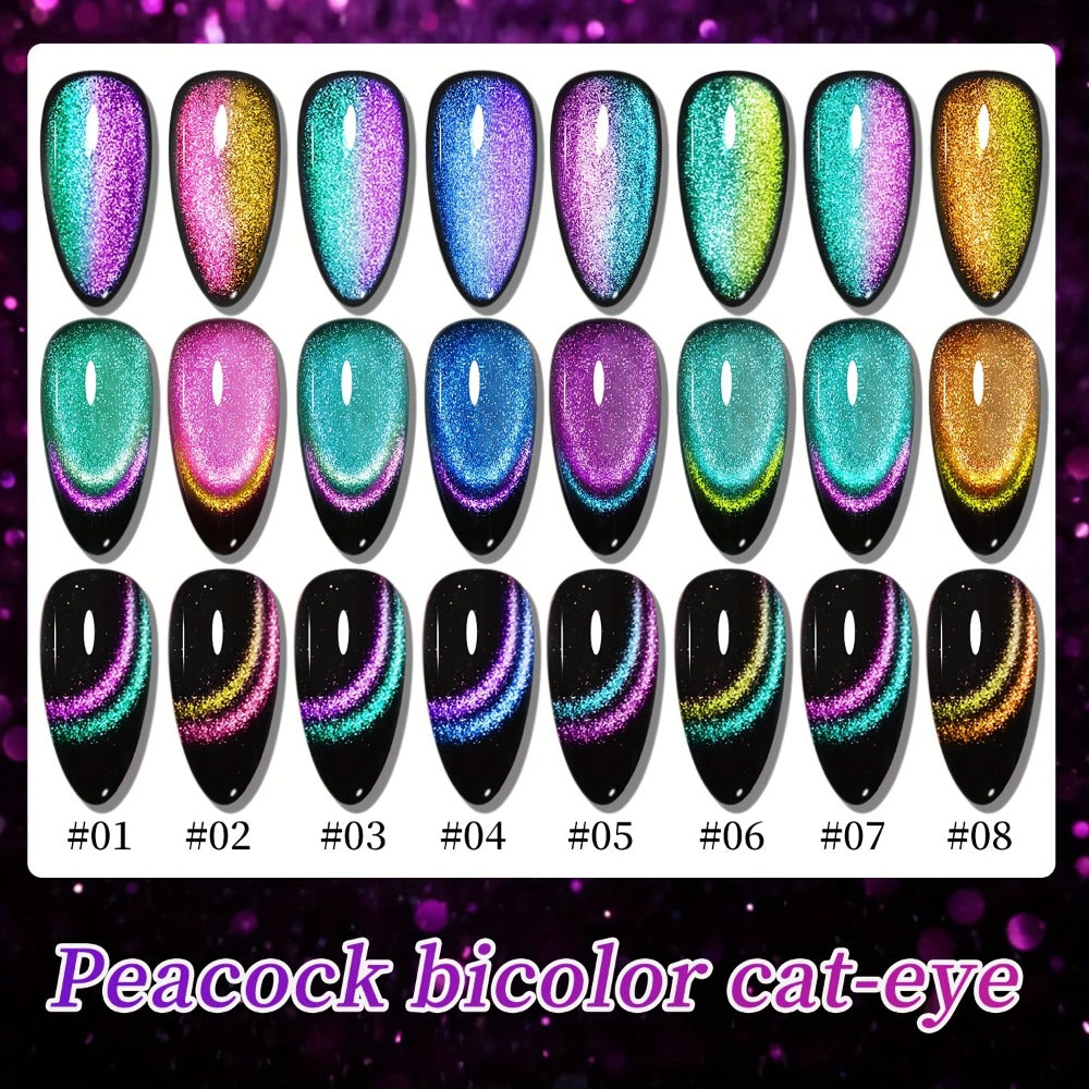 Magnetic Cat Eye Gel Nail Polish Set 8 Colors – Holographic Reflective Peacock Double-Light Effect, LED/UV Soak-Off Gel 0.51oz with Magnet Tool, Salon & Home Nail Art Gift Set for Women