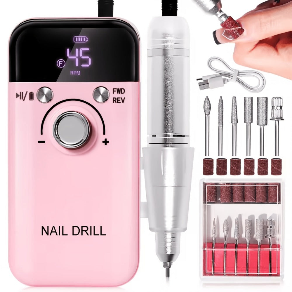 Nail Drill 45000 RPM Rechargeable Professional Electric Nail File Kit with Drill Bits Sanding Bands Low Noise Portable Manicure Pedicure Polishing Set for Salon Home Women Nail Techs