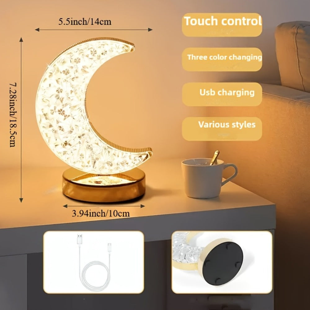 Crystal Touch Table Lamp Rechargeable – Moon & Star Dimmable LED Night Light with 3-Color Modes for Bedroom, Living Room & Christmas Decoration