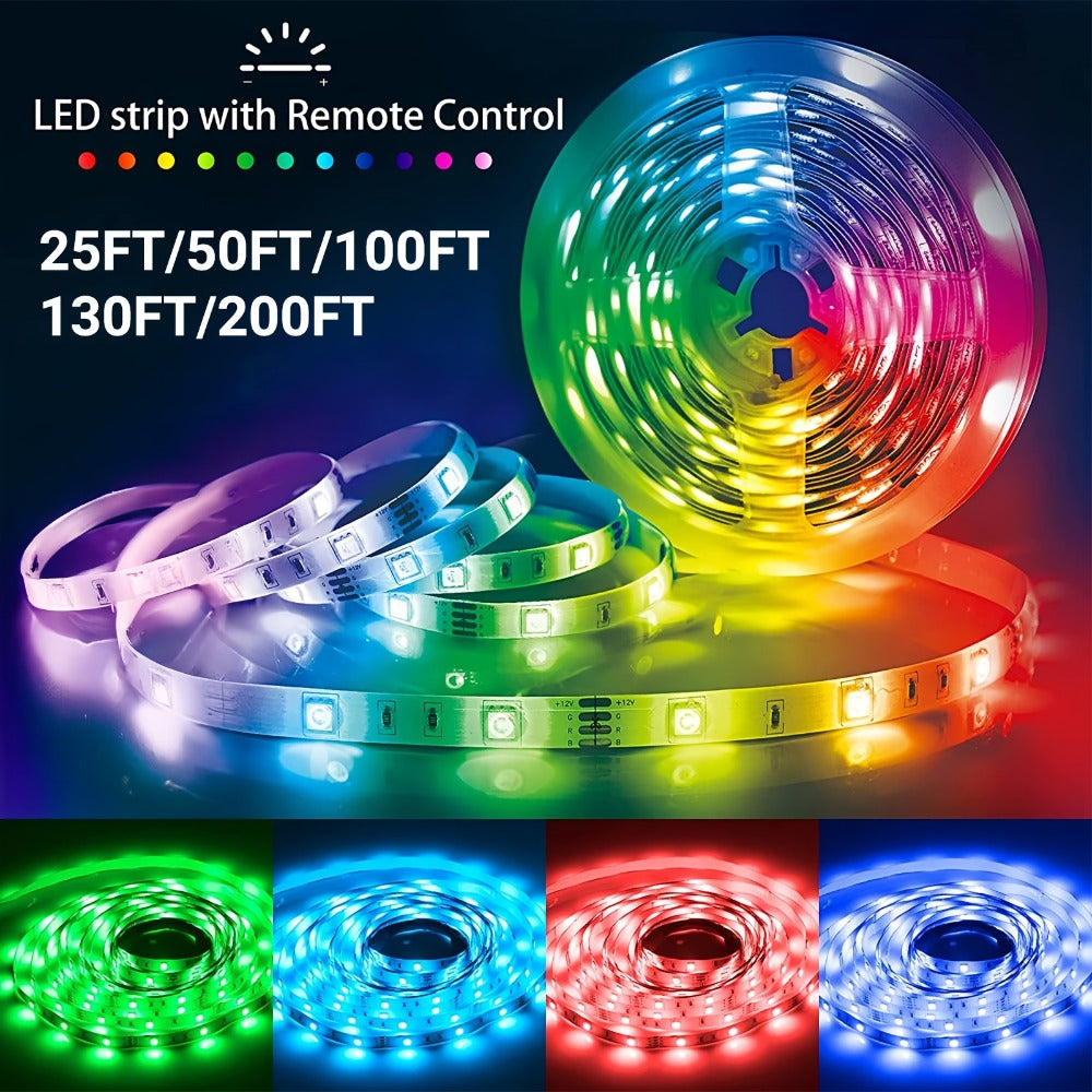 RGB LED Strip Lights Music Sync Color Changing – App & 24-Key Remote Control Dimmable Timer Adhesive LED Light Strip for Bedroom Dorm Ceiling TV Holiday Decor – 6.56FT to 260FT