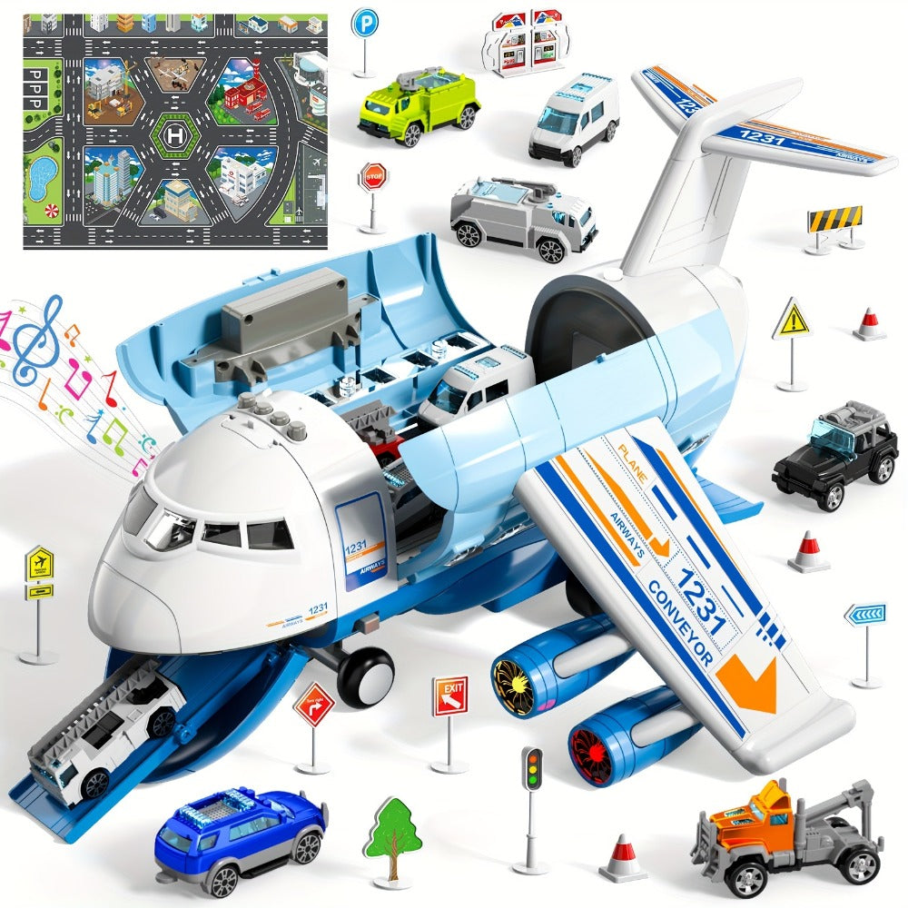Transport Cargo Airplane Toy for Kids – Jumbo Plane with 10 Mini Cars & Spray Mist