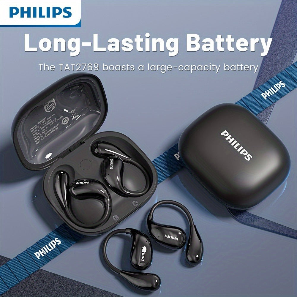 Philips TAT2769 Earhook Running Earbuds Bluetooth 5.4 Noise Cancelling Mic Secure Sport Fit Over-Ear Wireless Headset for Running Sports Gym Black White Blue