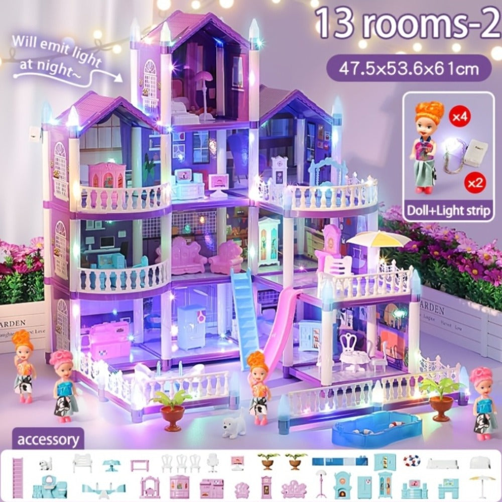 Purple LED Dollhouse Playset with 6 to 16 Room Options and Furniture