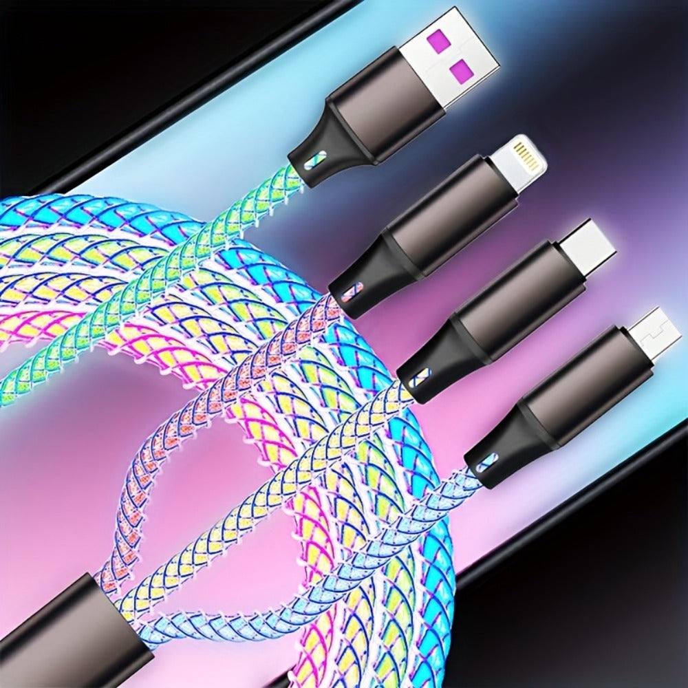 3-in-1 Braided Charging Cable with LED RGB Light, Universal Multi Charger Cord with Lightning, USB-C and Micro USB, Compatible with iPhone, Samsung, Android, iPad and Most Phones