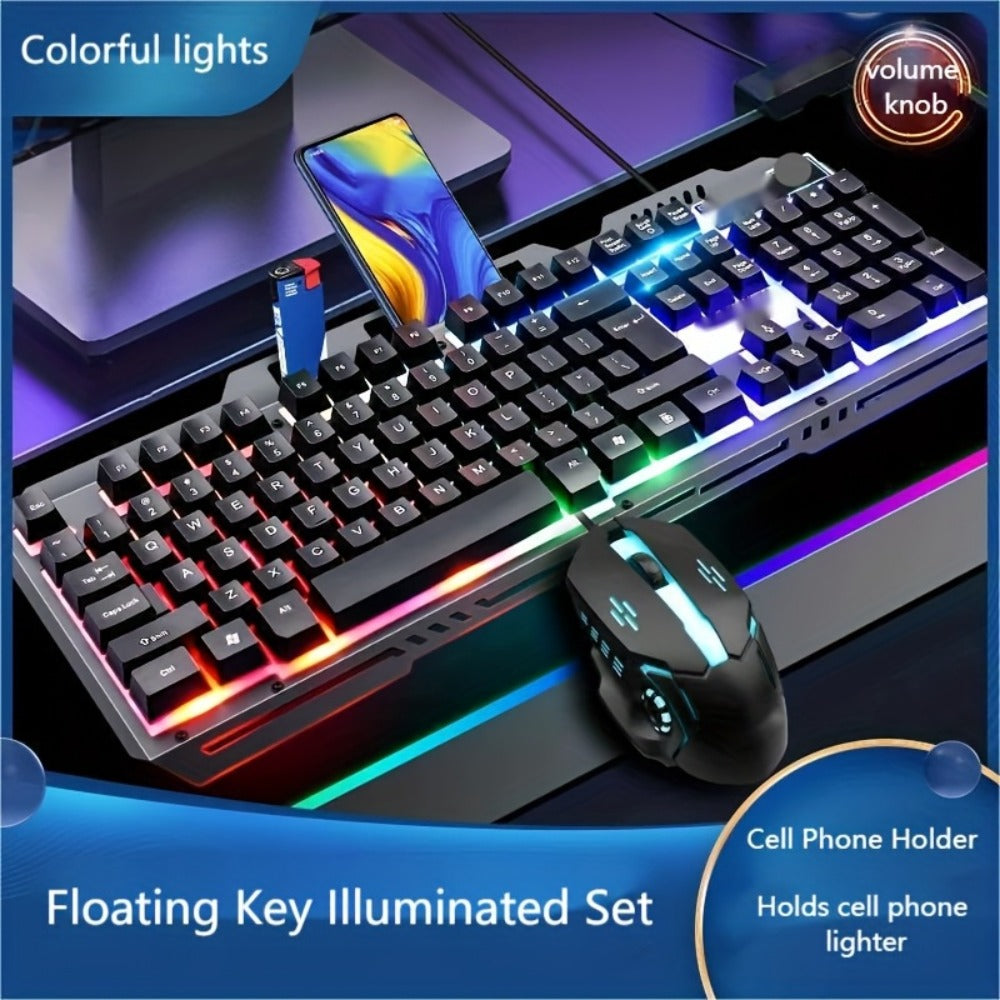 Gaming Keyboard Wired 104 Keys Full Metal Panel – LED Color Backlight, Multimedia Knob, Faux Mechanical Feel, USB, Ergonomic Design with Phone Holder | Keyboard or Keyboard & Mouse Combo