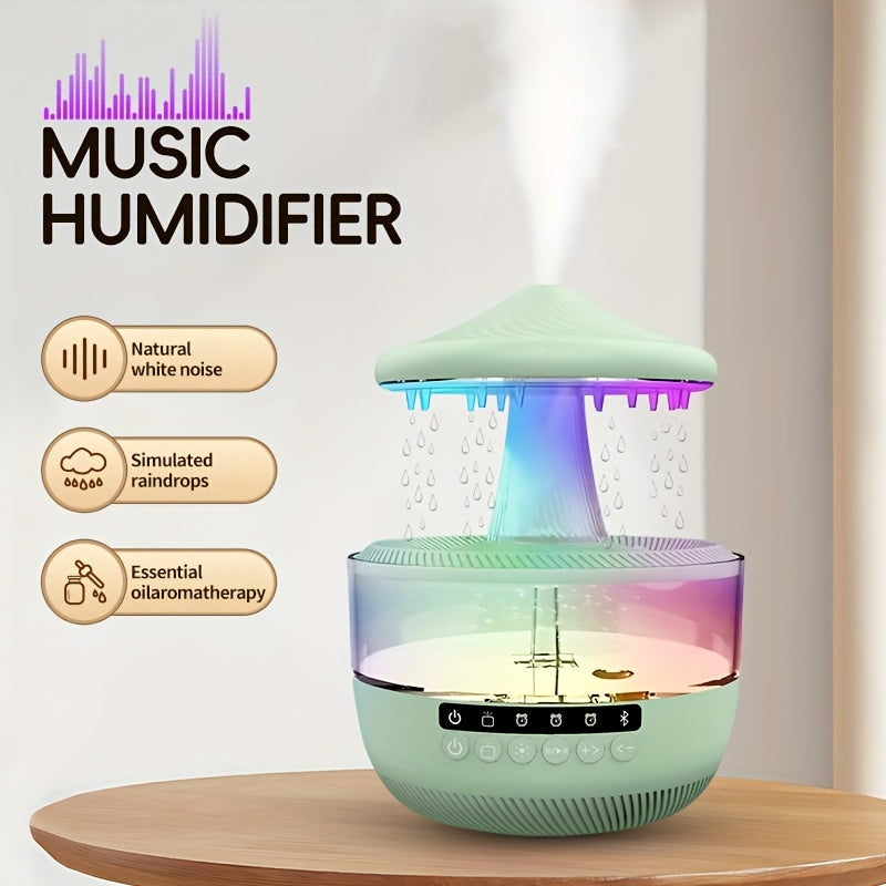 Raindrop Humidifier with LED Color-Changing Light & Wireless Music | 11.83oz Large Tank, Dual Control, Essential Oil Compatible, Cool Mist for Bedroom, Valentine's & Garden Decor | White
