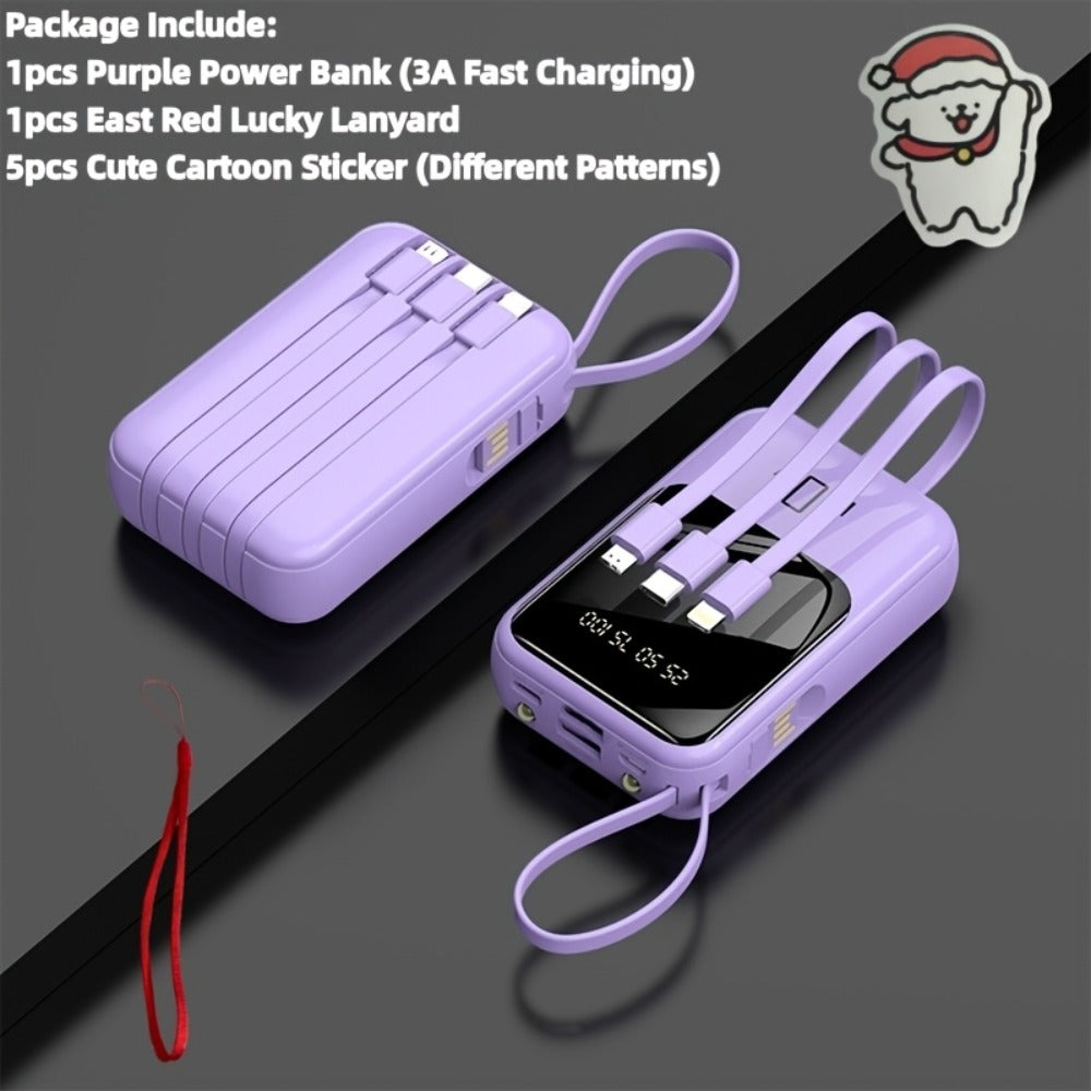 10000mAh Mini Power Bank with Built-in 4 Cables – 22.5W Super Fast Charging, LED Display, Cute Portable Charger for iPhone, Android, Samsung & Travel, Ultra-Compact Battery Pack with LED Light