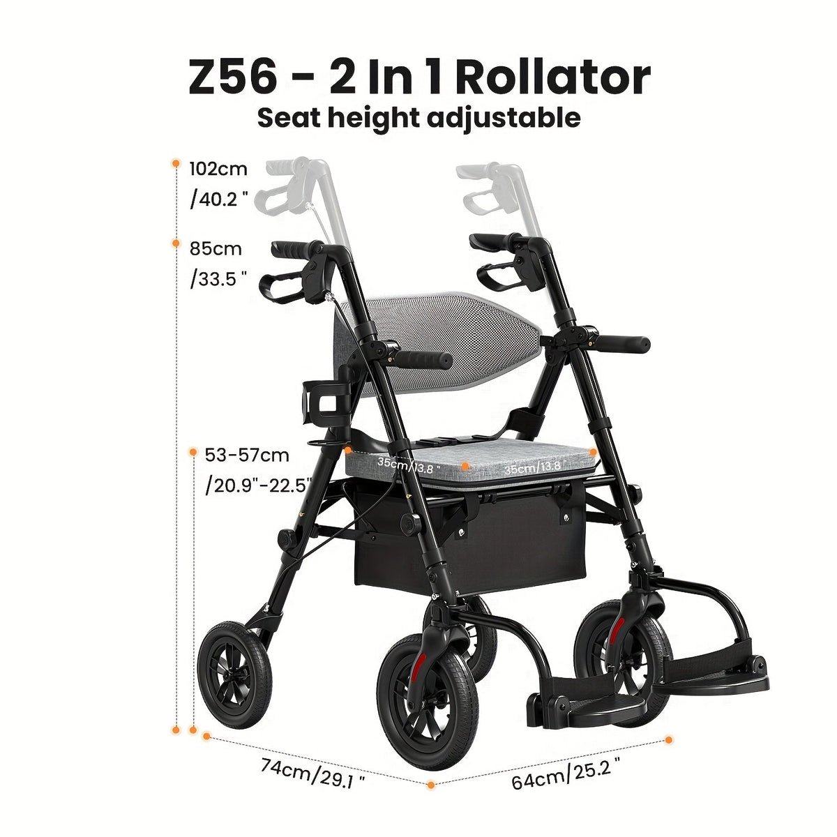 Rollator Walker for Seniors Foldable with 8-Inch Big Wheels, Durable Aluminum All-Terrain Rolling Walker with Ergonomic Backrest & Dual Adjustable Height, Upright Walker Option Available for Elderly