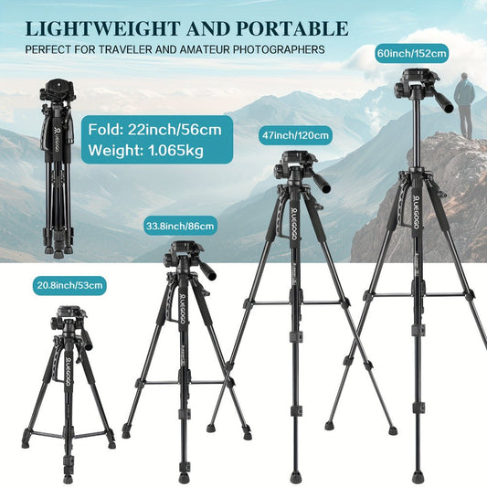 Camera Tripod 5ft with Adjustable Legs, Phone Holder & Storage Bag