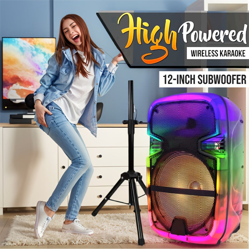 1100W Party Speaker with 7-Mode LED Lighting & Microphone – Portable Wireless Subwoofer, 8-Inch Bass Driver, Speaker Stand, 1800mAh Rechargeable Battery, TF USB AUX FM for Outdoor Parties & Karaoke