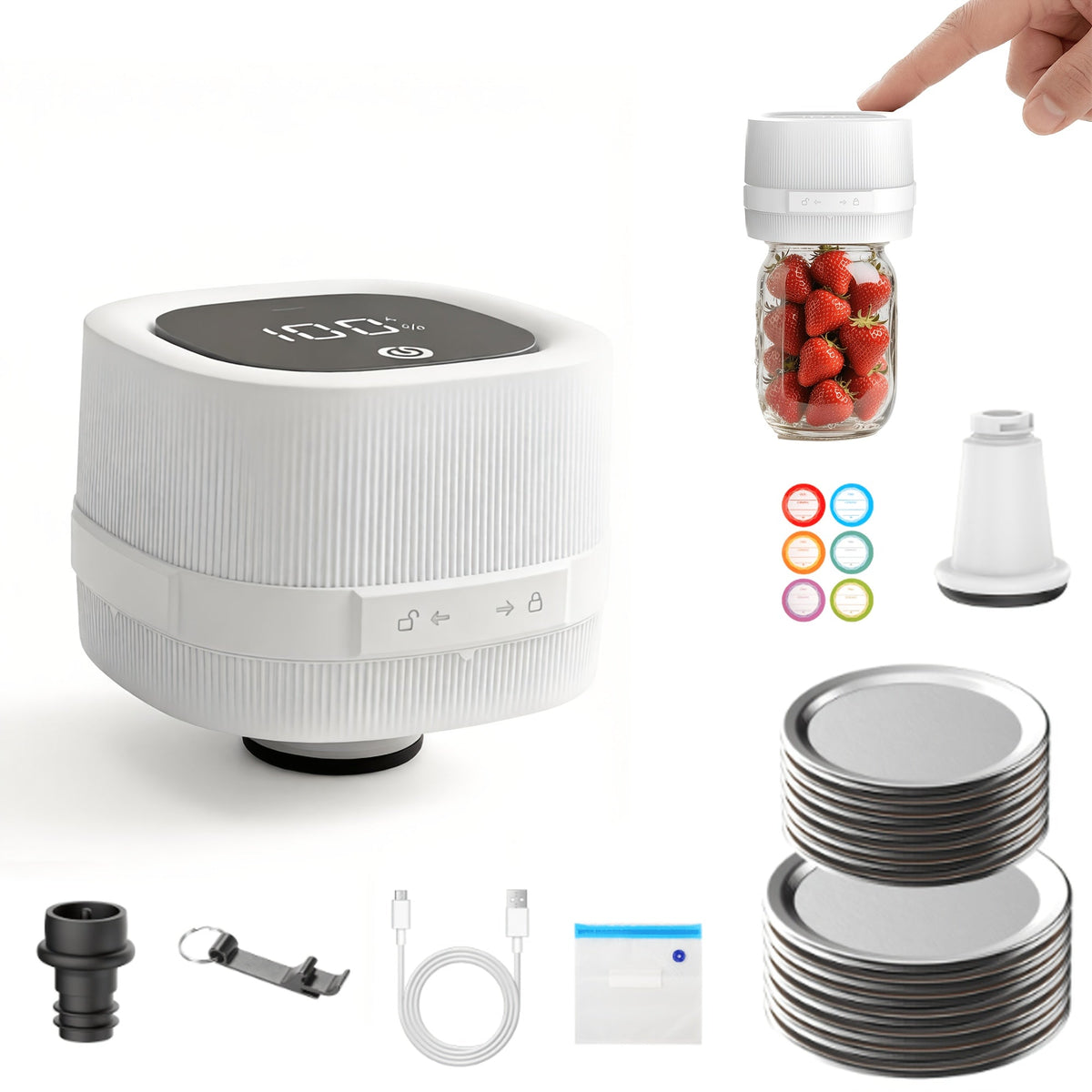 Electric Jar Vacuum Sealer 3-in-1 with 14 Sealing Lids – One-Button Leak-Proof Vacuum Sealing Machine for Food Storage, Fits Regular & Wide Mouth Jars, Wine Plug & Bag Included