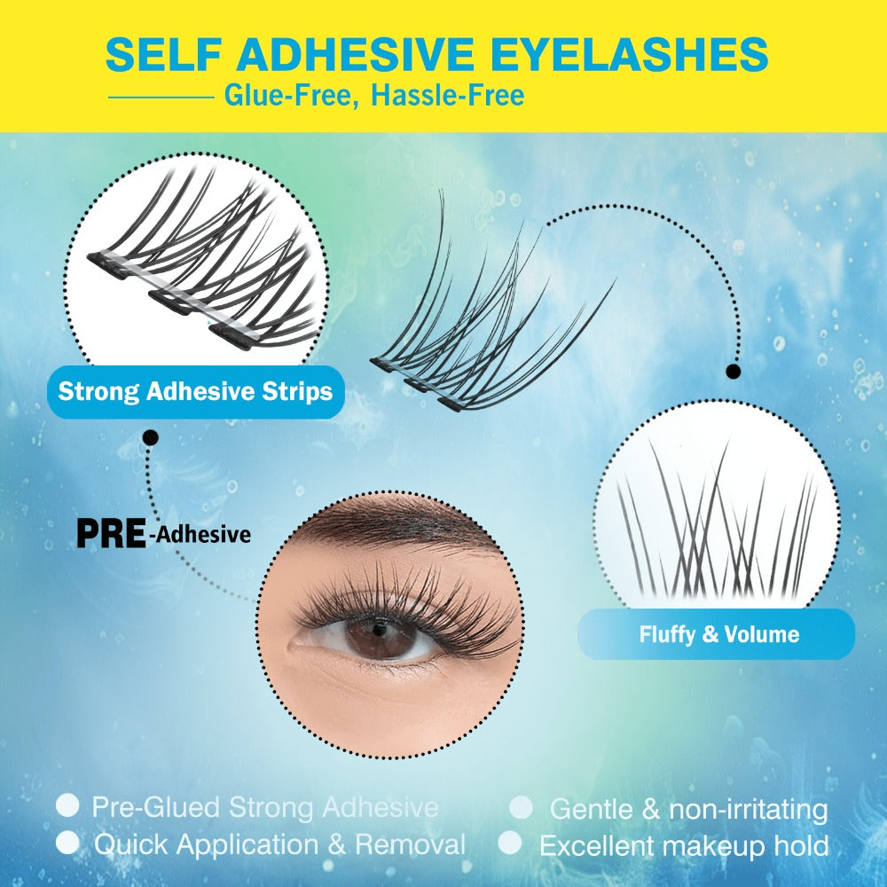 Pre-Glued Wispy Press-On Lash Clusters Kit with 2 Tweezers — Self-Adhesive No Glue Needed, Natural & Thick Fluffy Volume, Reusable Beginner-Friendly Individual Cluster Eyelashes for Daily Wear