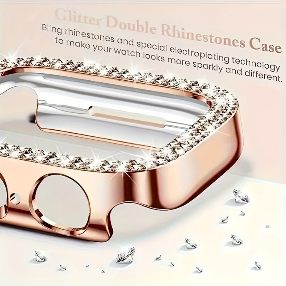 Diamond Apple Watch Case & Strap Set – Starry Sky Full Diamond Bezel + Double Row Diamond Band Compatible with Apple Watch Series 1–10 SE Ultra Ultra 2 38 40 41 42 44 45 49mm – Pink Rose Gold Black Blue Silver