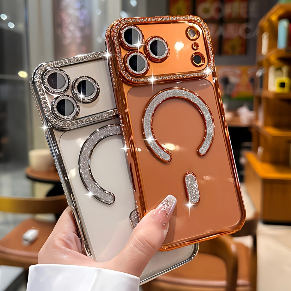 Diamond Side Magnetic iPhone Case for iPhone 17 16 15 14 13 Pro Max Plus Air 16e – Luxury Rhinestone Shiny Electroplated Wireless Charging Supported Protective Cover