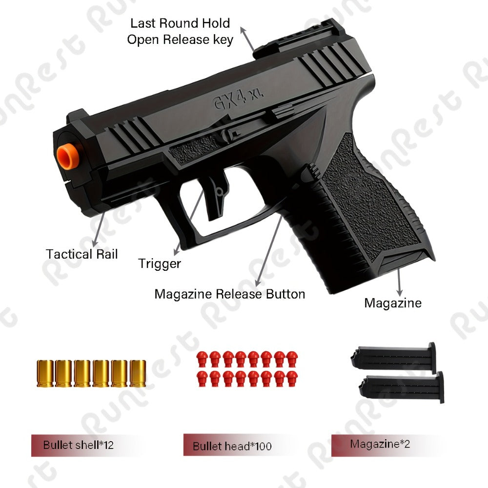 Soft Bullet Toy Gun with Jumping Shell & 2 Magazines – 100 Bullets 12 Shells Auto Rebound Decompression Pistol Shooting Toy for Kids Boys Ages 6+, Indoor Outdoor Play Birthday Gift