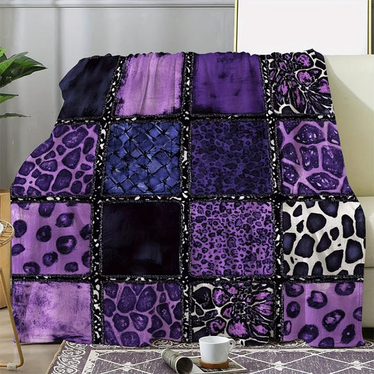 Purple Leopard Flannel Throw Blanket, Soft Polyester for Sofa & Bed, 3 Sizes