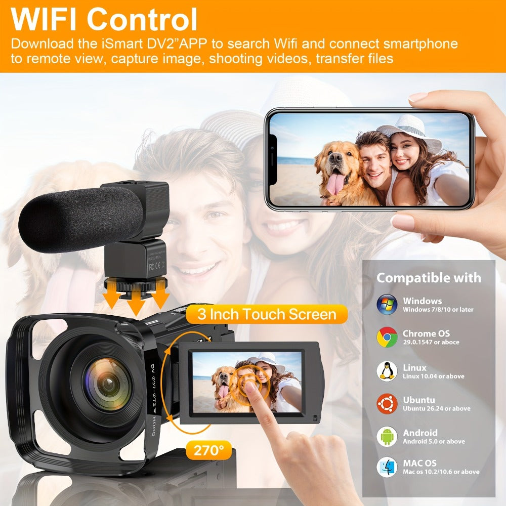 5K 30FPS Vlog Camera 48MP UHD WiFi with 16x Digital Zoom, IR Night Vision, 270° Rotatable Touch Screen & 6-Axis Stabilization - Outdoor Video Camera with Mic, Stand & Carry Bag