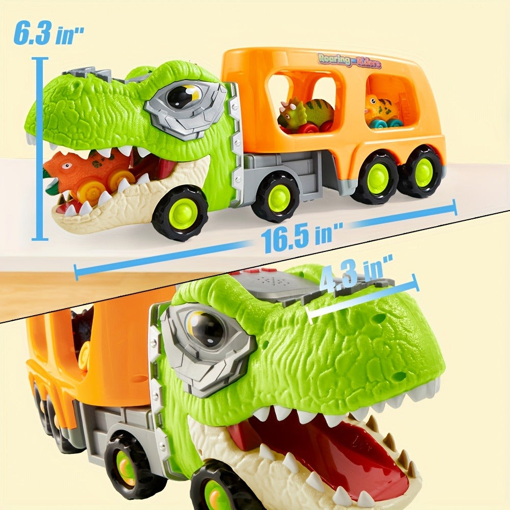 T-Rex Carrier Truck Toy – Dinosaur Transport Truck with 6 Mini Dino Cars, Ramp, Lights & Sound
