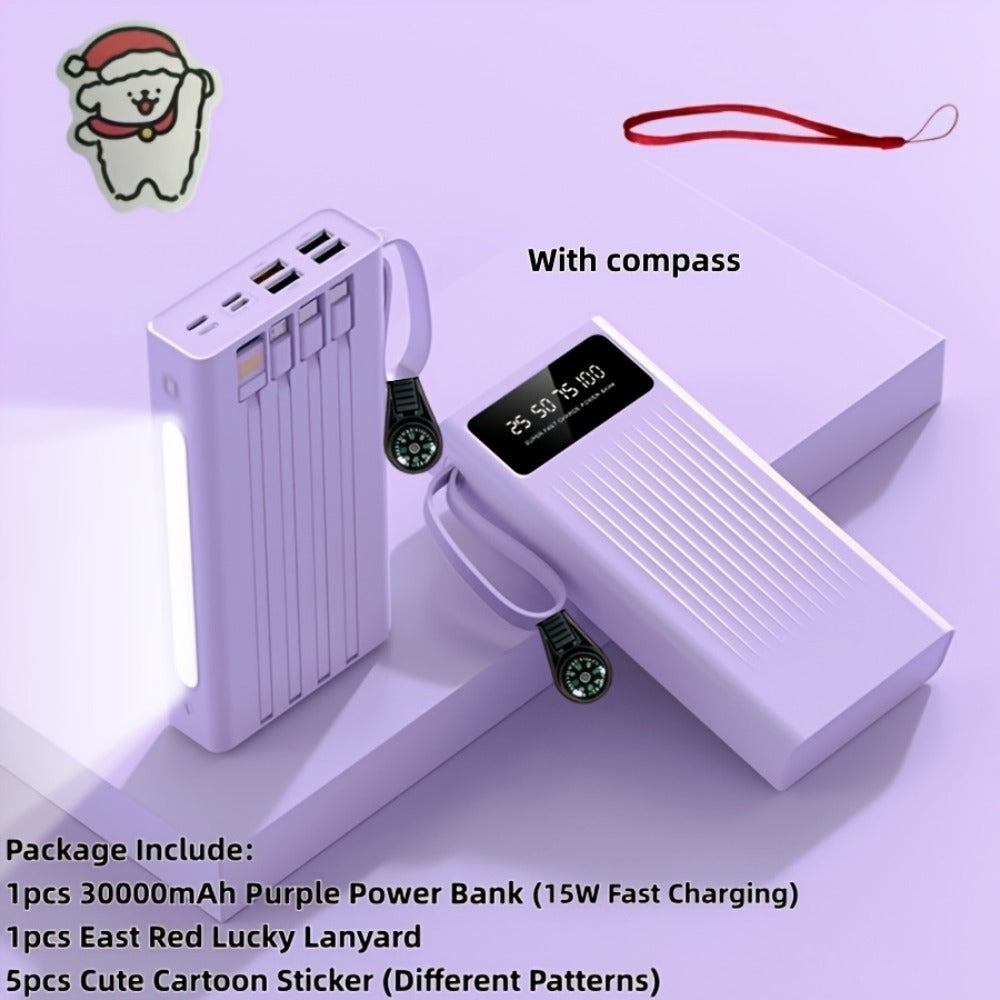 30000mAh Large Capacity Power Bank 15W Fast Charging with 4 Built-In Cables & 4-Mode Camping Light, Business Minimalist Portable Charger 10000mAh 20000mAh Compatible with iPhone Android – Black Purple White