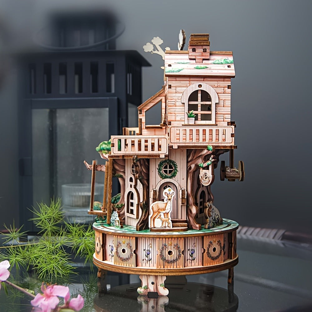 Rotating Merry-Go-Round Wooden Puzzle Kit – Mechanical Carousel 3D Model for Adults & Teens, DIY Kinetic Display Piece, Unique Christmas Birthday Gift (Treehouse, Cello, Airship, Pumpkin Styles)