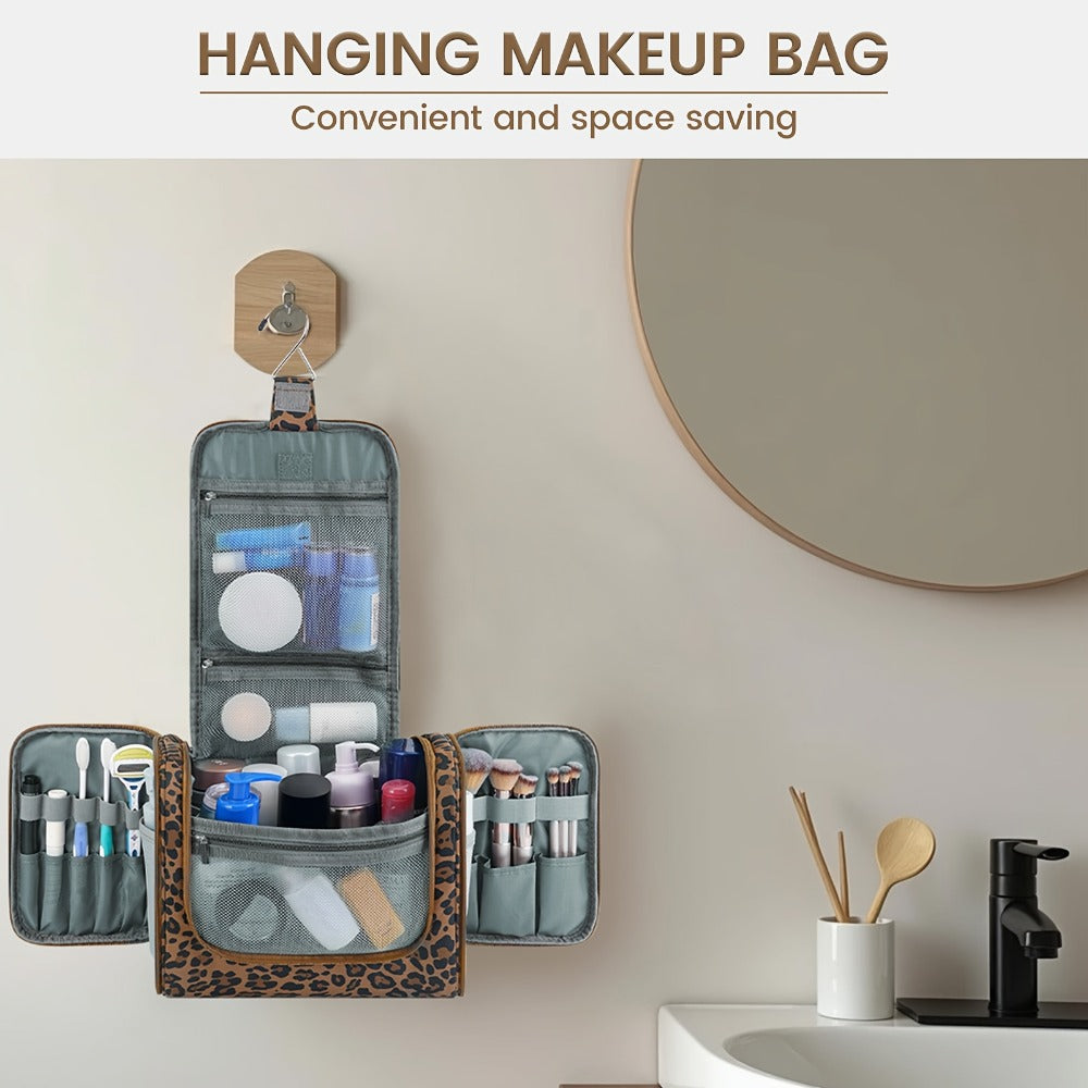 Hanging Toiletry Bag with Hook for Women Men Large Capacity Multi-Pocket Travel Shower Bag Cosmetic Makeup Organizer for Hotel Gym Camping 7 Prints Pink Black Leopard
