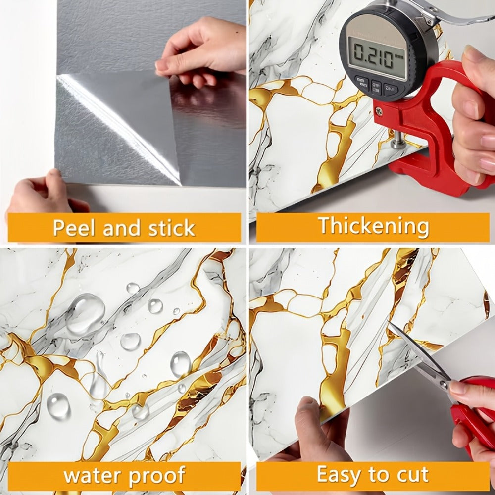 Self-Adhesive Marble Tile Stickers 11.8x11.8in Peel and Stick Wall Tiles for Bathroom Kitchen Backsplash – Waterproof 3D Glossy Imitation Marble Wall Panel, Easy to Install, 50 or 100 Pack