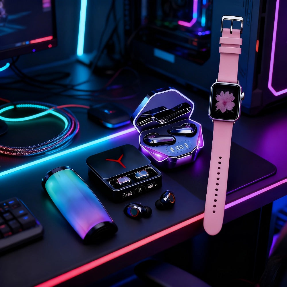 Gaming Headset Bundle Set Glowing LED Headphones Bluetooth Speaker Wireless Earbuds Surround Sound Touch Control 3-4 Piece Combo Gift Set with Free Watch for Teens Gamers