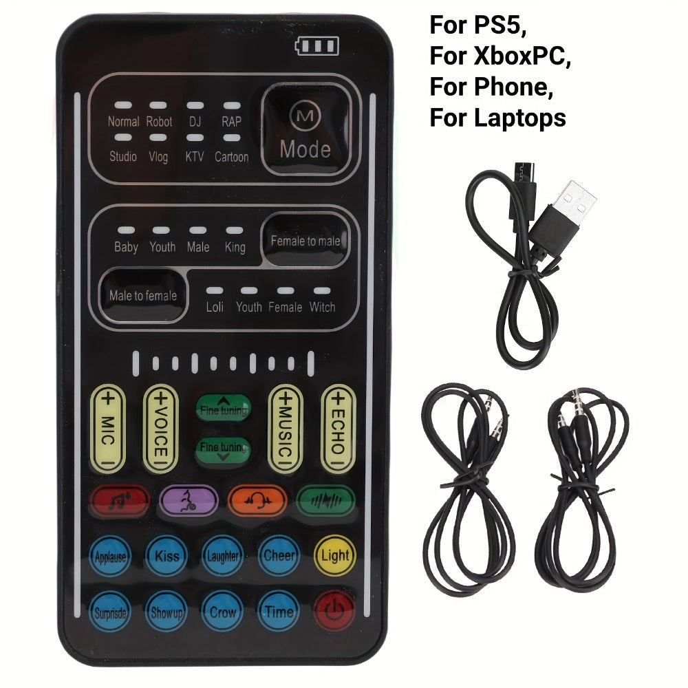 Voice Changer Sound Card with 8 Voice Effects & LED Lights – Portable Live Sound Board for PS4, PS5, Xbox, PC, Phone, Laptop, Tablet | Male to Female, Gaming & Streaming Voice Modulator