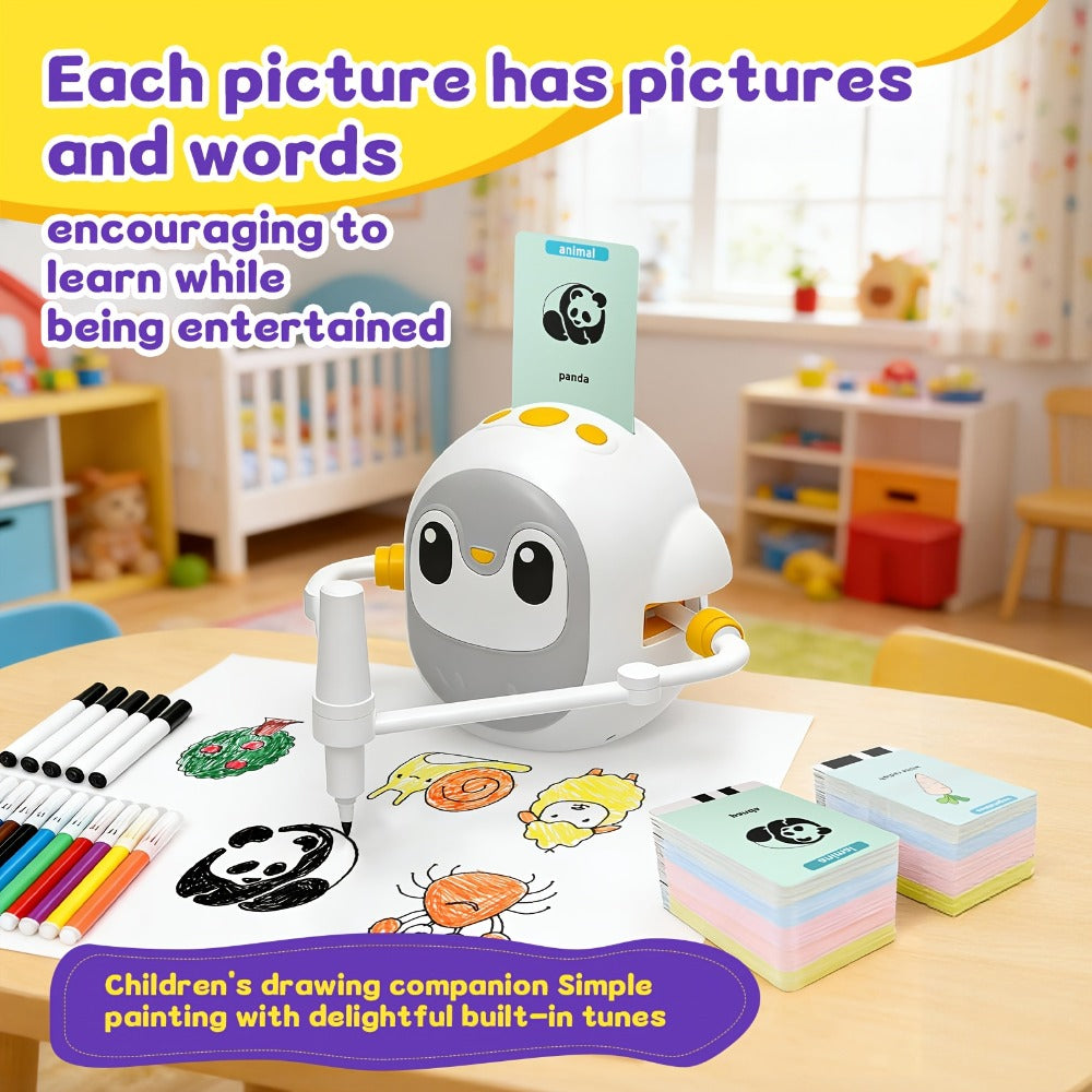 Drawing Robot for Kids Penguin, 200 Learning Cards & 12 Color Pens, STEM Art Educational Toy, Screen-Free Interactive Drawing Game, Step-by-Step Lessons for Boys & Girls Ages 3+, USB Charging, Birthday Gift