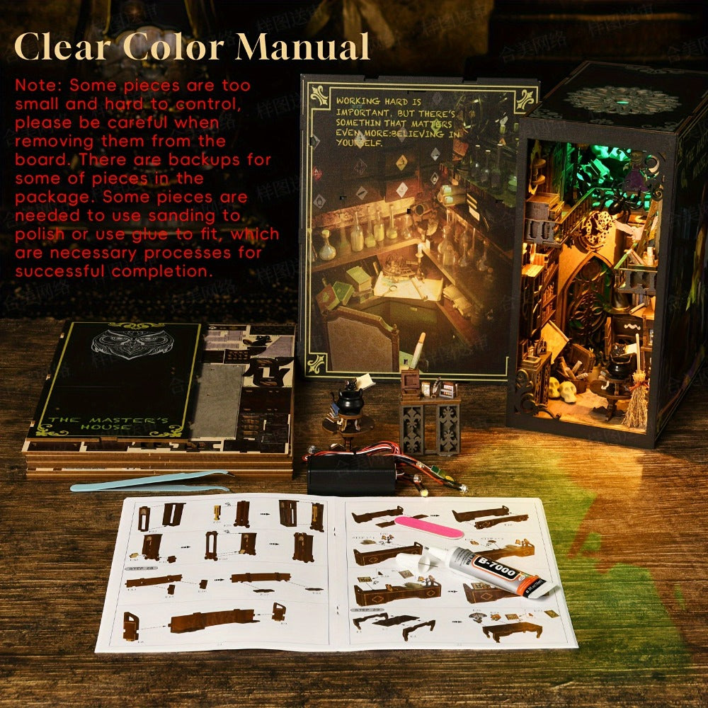LED Book Nook Kit – Master's House DIY 3D Wooden Vintage Alley Bookshelf Insert