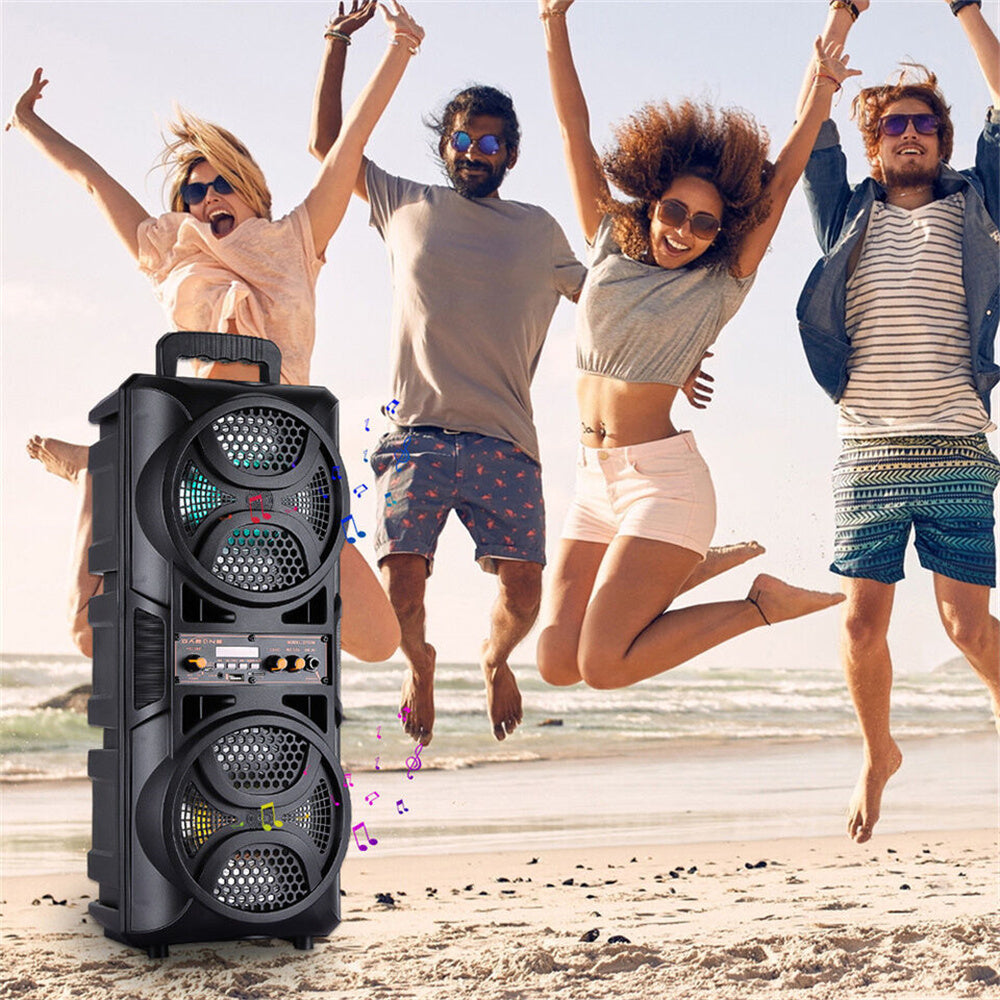 Portable Karaoke Bluetooth Speaker with Wheels & Microphone – Party DJ Sound System Dual 6.5" Woofer LED Lights FM AUX TF USB TWS Rechargeable Outdoor Speaker