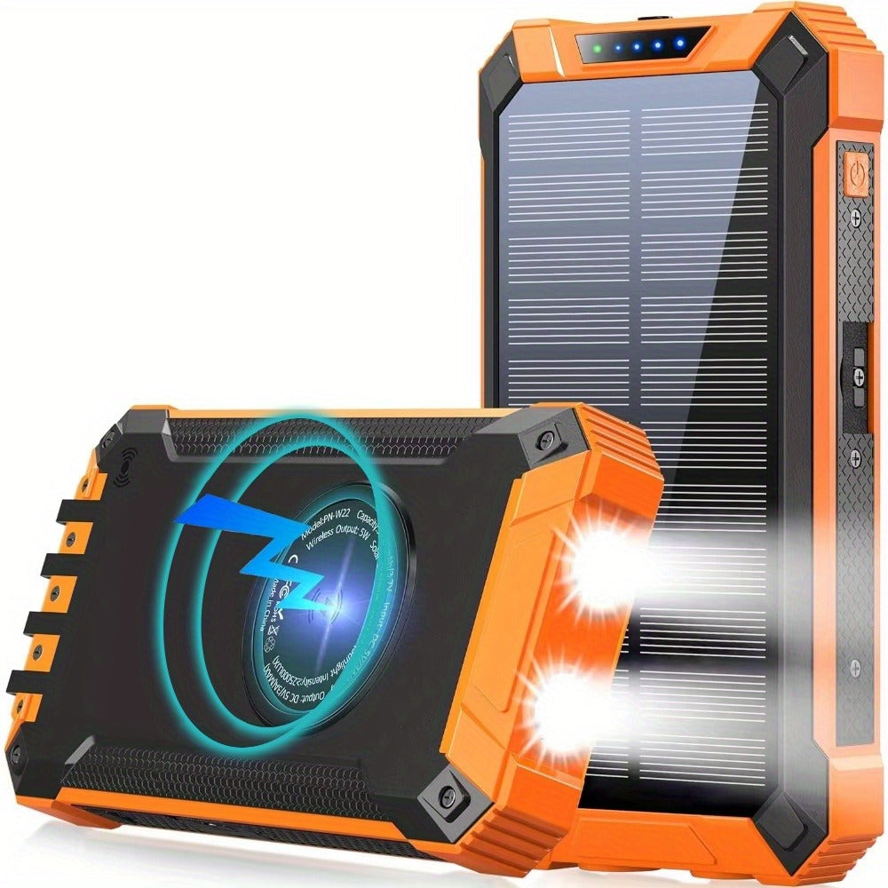 Solar Power Bank 40000mAh with Built-in 4 Cables & 15W Wireless Charging – 6 Outputs 3 Inputs Dual LED Flashlight Portable Charger for iPhone Android Tablets Camping Travel Emergency