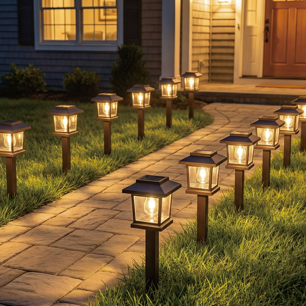 Solar Pathway Lights Outdoor Edison Style LED – Up to 12 Hours Auto On/Off IP44 Waterproof | Warm White Solar Garden Lights for Yard, Driveway & Walkway | Black & Brown Upgraded Stake Lights