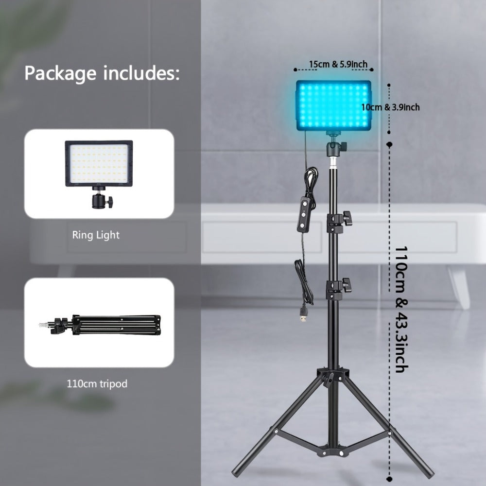 LED Video Light Panel 5600K Dimmable Photography Lighting Kit with Adjustable Tripod Stand & 4 Color RGB Filters for Vlogging Streaming Studio Table Top Photo Video Shooting Content Creator