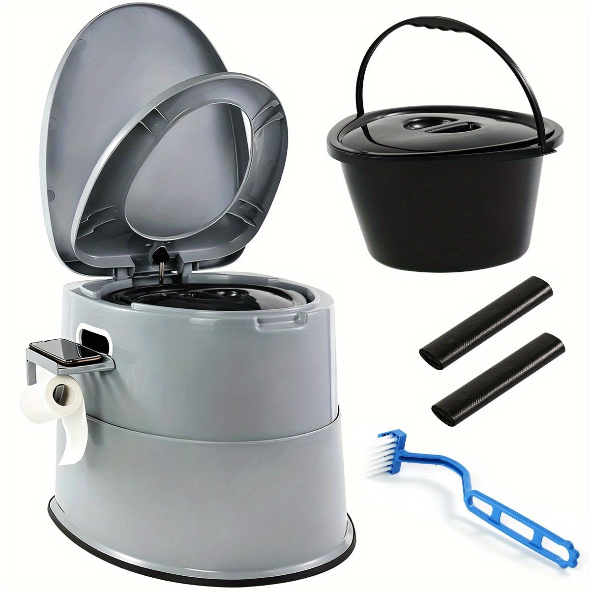 Portable Camping Toilet Extra Large for Adults – Indoor Outdoor Commode with Detachable Inner Bucket & Removable Paper Holder, Lightweight & Compact for Camping, Boat, Van & Emergency Use, Black & Gray