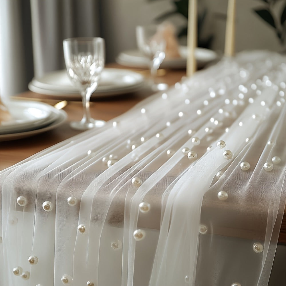 White Pearl Sheer Tulle Fabric Roll 160x300cm – Elegant Organza Mesh for Wedding Backdrop Table Skirt Window Drape Party Decoration Bridal Shower Baby Shower Festive Event Decor