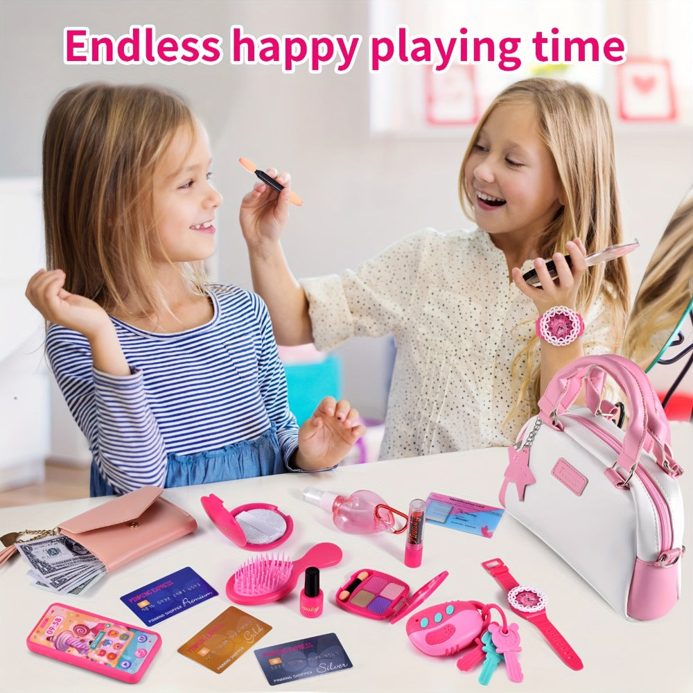 Pretend Play Purse Set with Toy Phone, Pretend Makeup, Keys & Crossbody Bag, Pink
