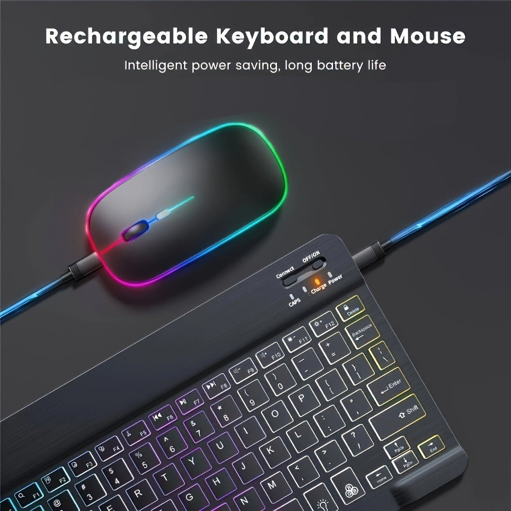 Wireless Keyboard and Mouse Combo Ultra-Thin Backlit Rechargeable Type-C Silent Keys Optical Mouse Portable for PC Laptop Tablet iPad QWERTY Layout Breathing Light Effect