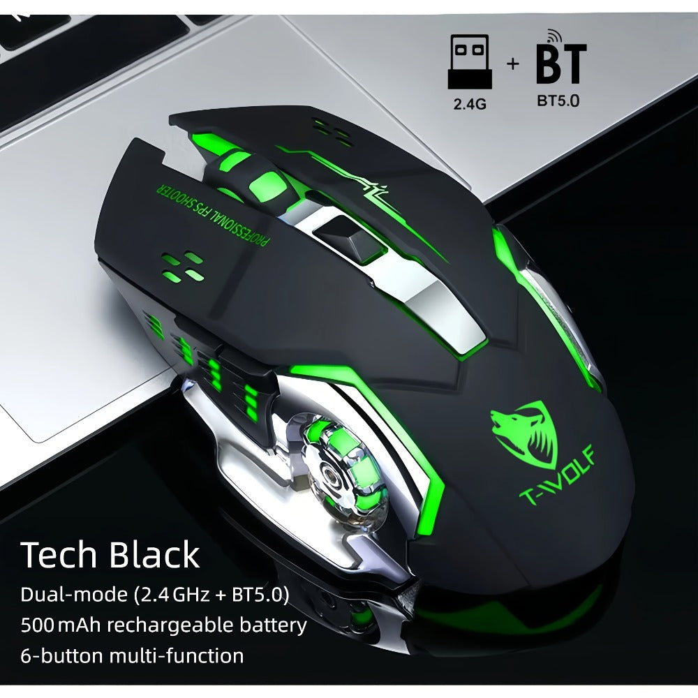 Bluetooth 5.0 2.4G Dual Mode Wireless RGB Gaming Mouse Silent 6 Button Ergonomic USB-C Rechargeable Breathing Light for PC Laptop Mac Tablet Office Gaming Tech Black Star Black White Gray