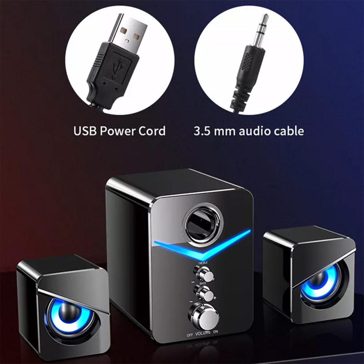 USB Powered Computer Speakers with Subwoofer, 3.5mm Aux Wired Desktop PC Laptop Speaker System, Dual 2" Tweeter + 3" Subwoofer, 10W Stereo Sound for Gaming Home Office