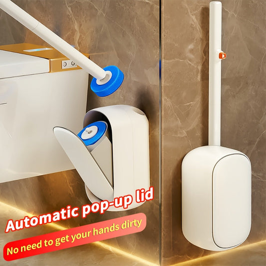 Disposable Toilet Brush Set with Wall-Mounted Holder and 6 Refill Heads, White